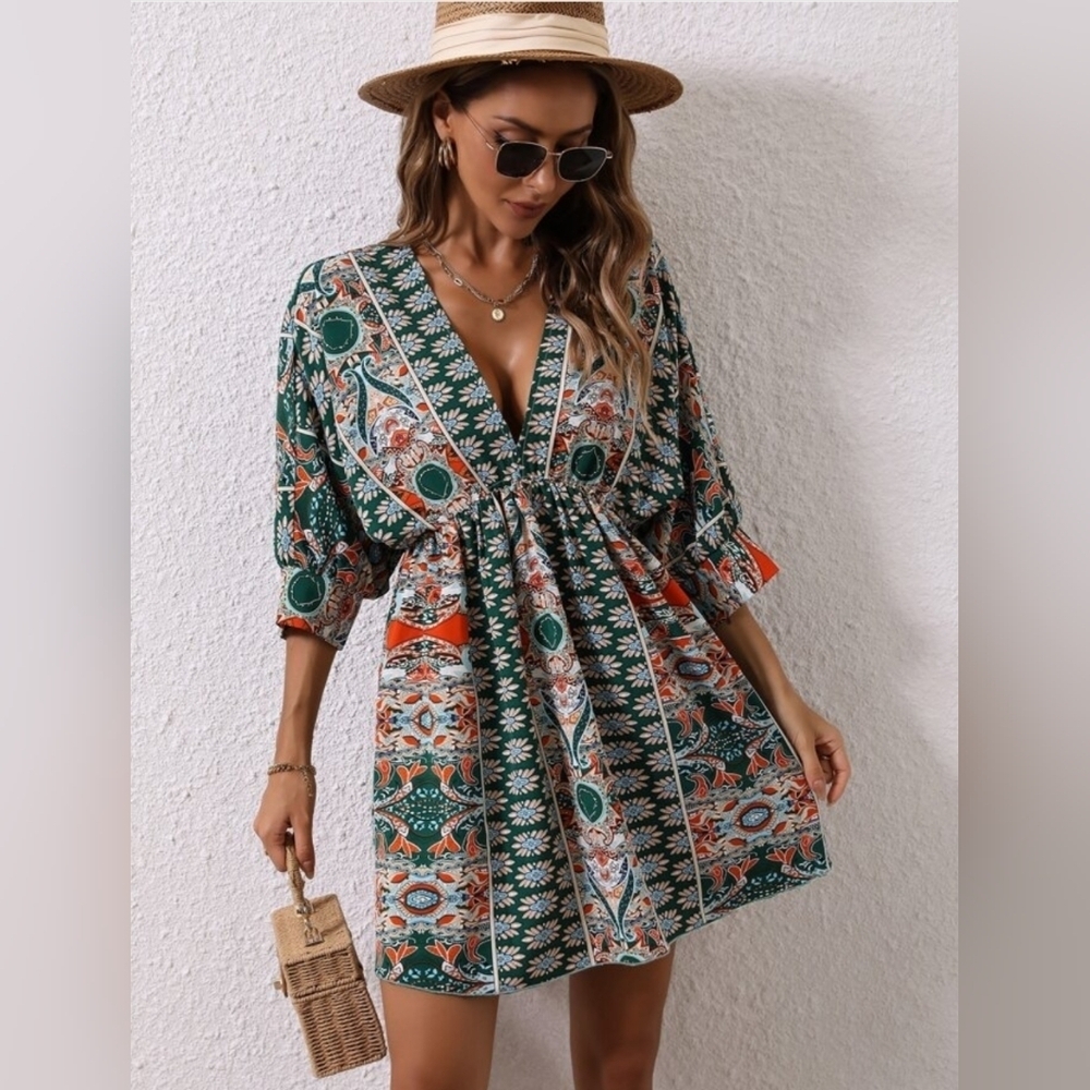 Shein Bohemian Green and Orange Tribal Print Dress | V Neck | Size Medium